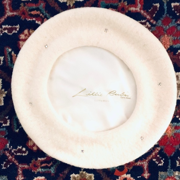 VINTAGE & RARE Lillie Rubin Designer French Cream Rhinestone Beret Hat One Size - Picture 2 of 3